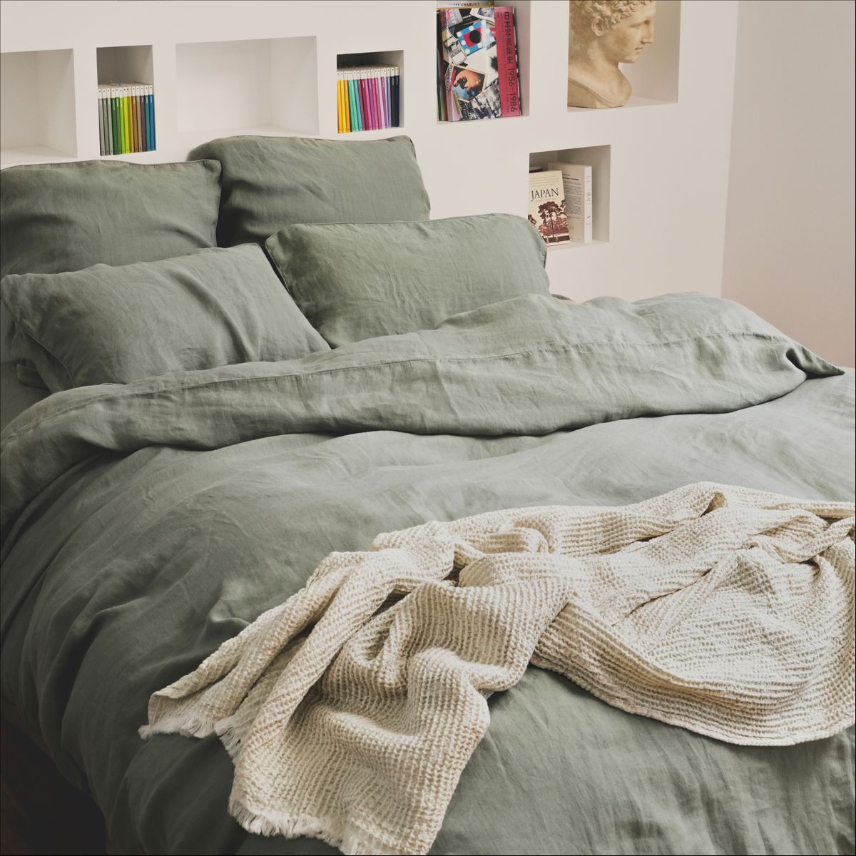 Plaid coton et lin, DECO ESPRIT NID D'ABEILLE ecru, BLANC CERISE