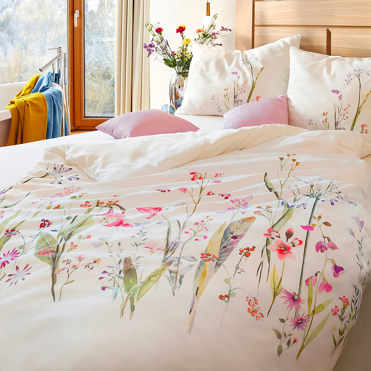 Fourre de duvet - Cellulose avec motif - Fleur + Taie(s) 65*65 blanc, EUROPE & NATURE