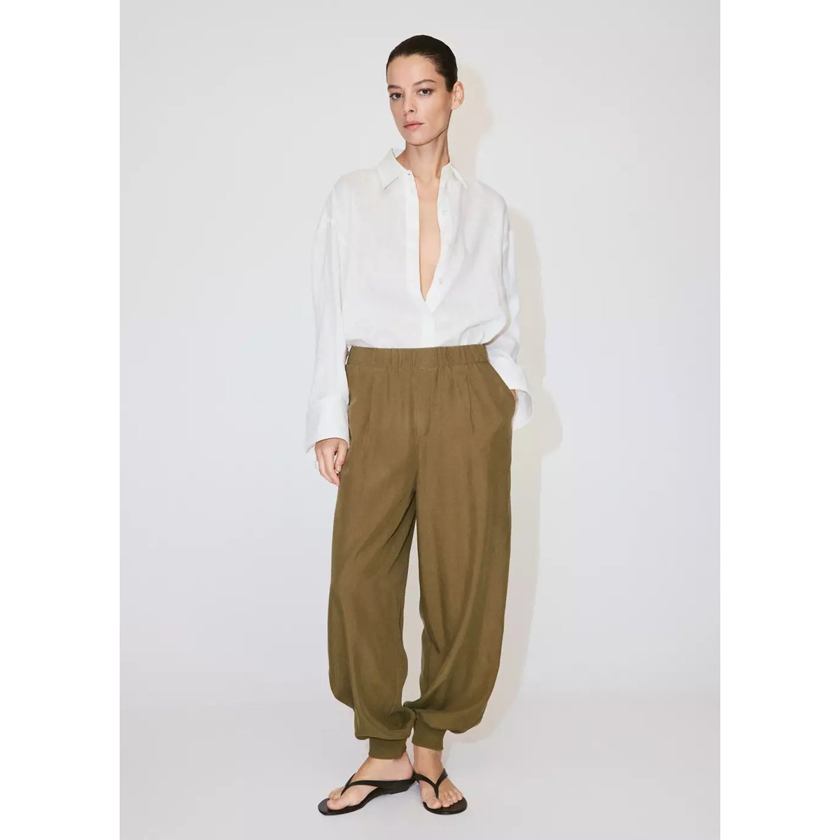 Pantalon lyocell bouffant kaki, MANGO