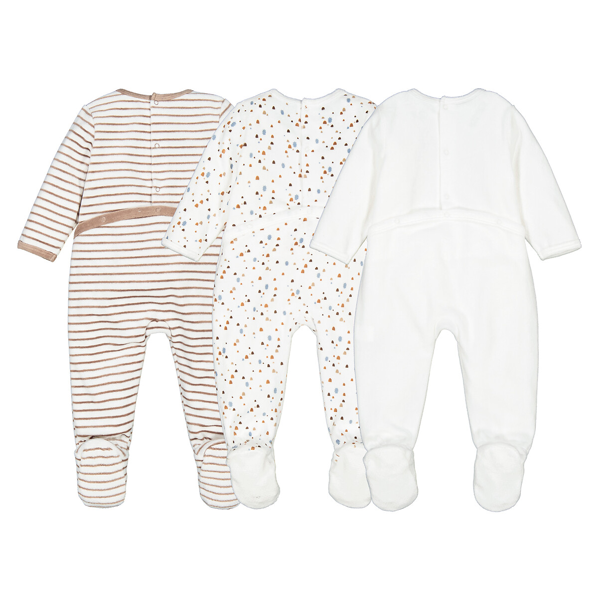Lot de 3 pyjamas 1 pièce en velours imprimés ecru/imprimé, LA REDOUTE COLLECTIONS