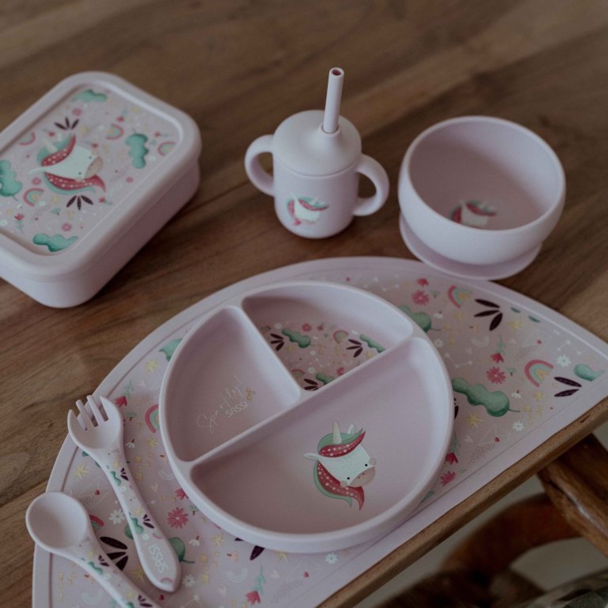 Set fourchette et cuillère en silicone ANIMAUX rose, SASSI