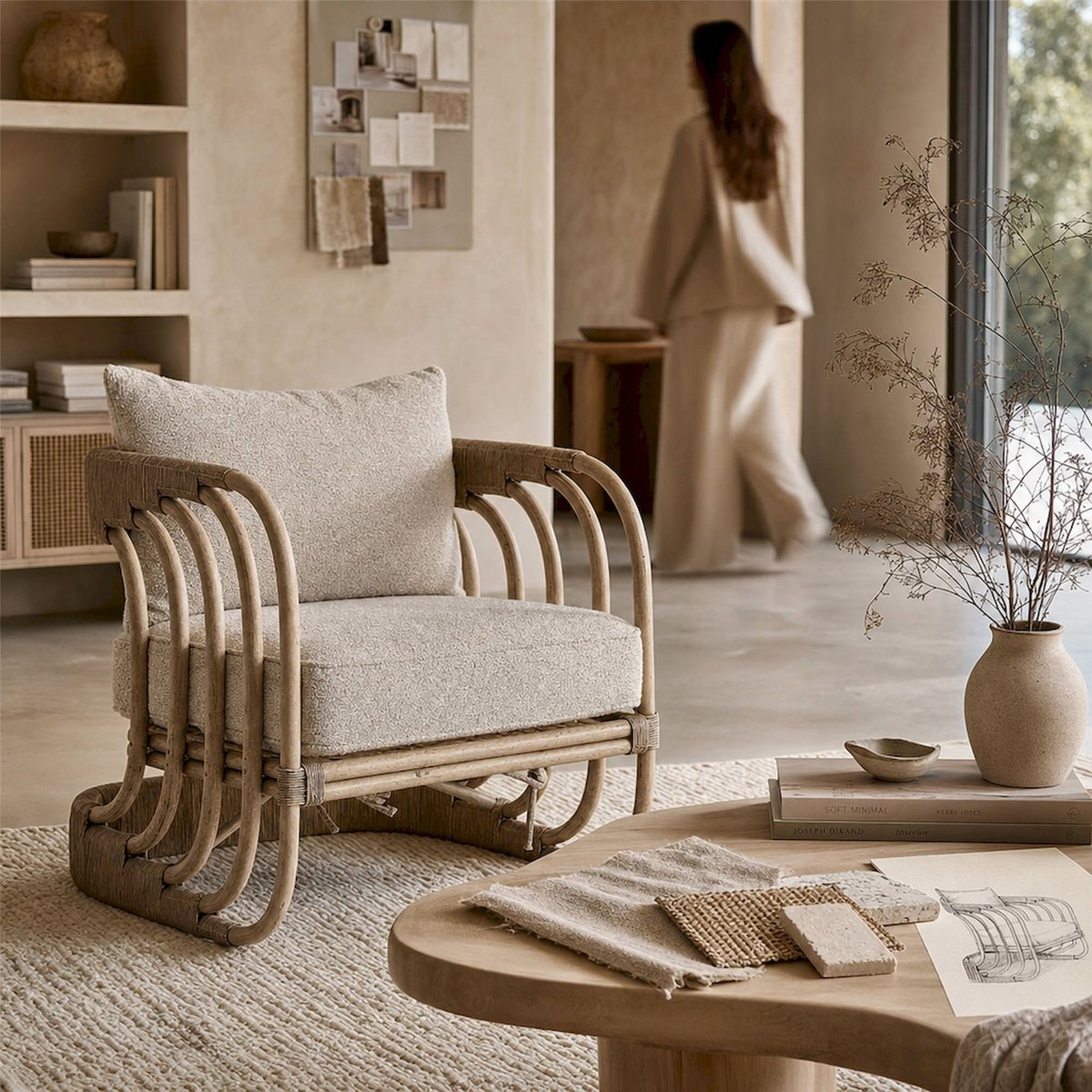 Fauteuil contemporain en rotin beige et rotin marron, RECOLLECTION