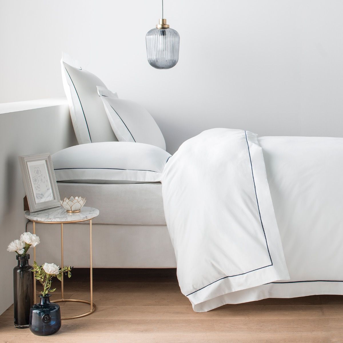 Parure percale de coton peigné 160 fils-Taies rectangulaires FLORENCE blanc, COTTON & CO