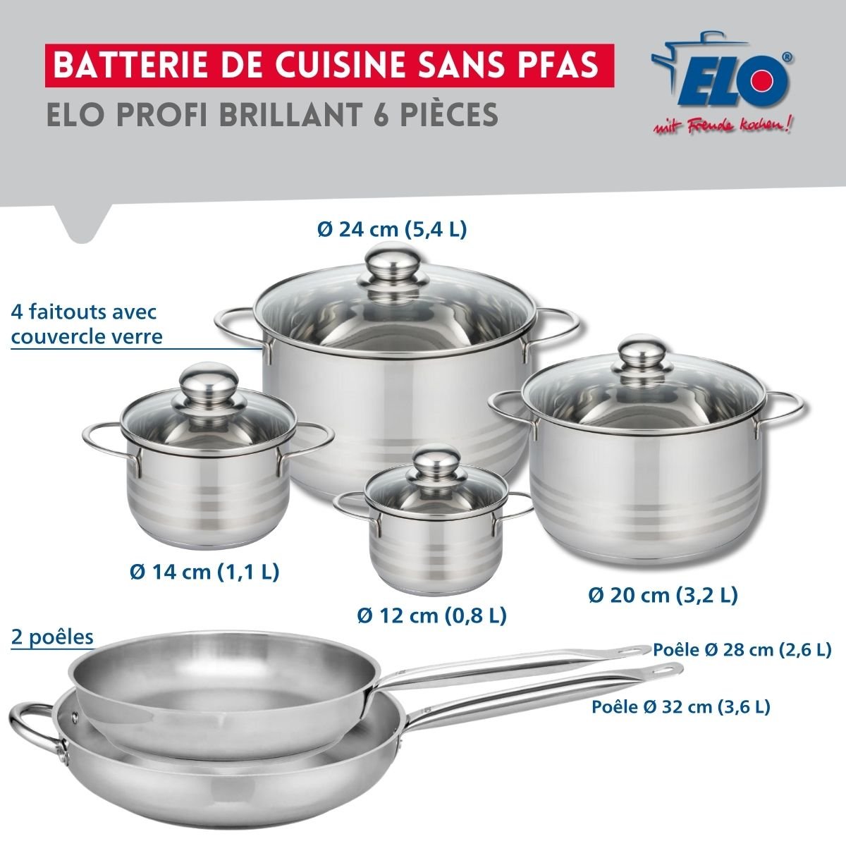 2 poêles 28/32cm + 4 faitouts 12/14/20/24cm PROFI BRILLANT inox, ELO