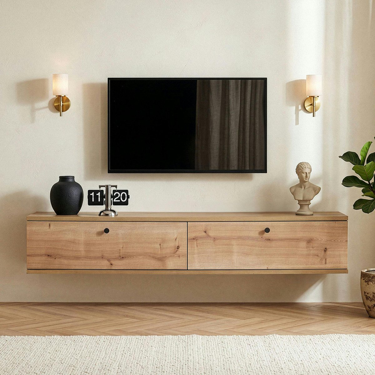 Meuble TV suspendu étroit, 2 portes 140 cm MARFA chêne, PIER IMPORT