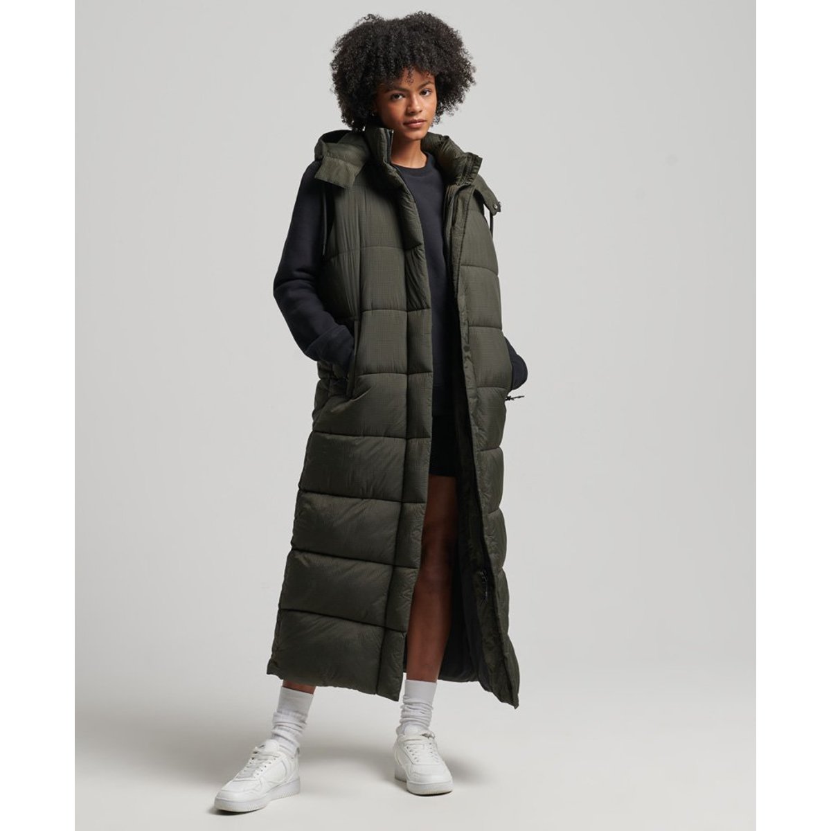 Gilet à capuche long sans manches Ripstop kaki quadrillé, SUPERDRY