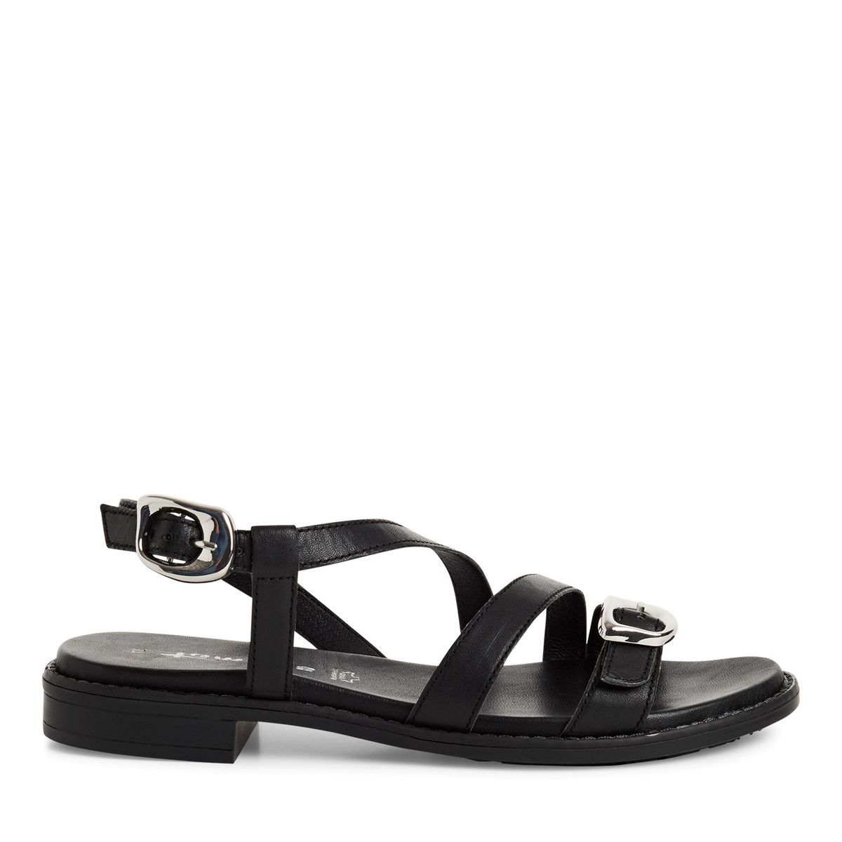 Sandales plates en cuir noir, TAMARIS