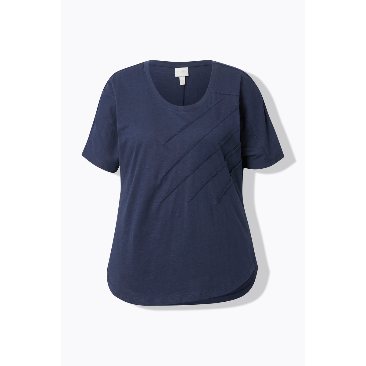 T-shirt, plis, col rond, manches courtes marine, ULLA POPKEN