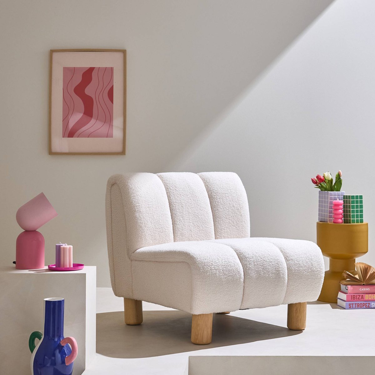 Fauteuil relax pieds arrondis bois d'hévéa et bouclette ANGEL kaki foncé, SWEEEK