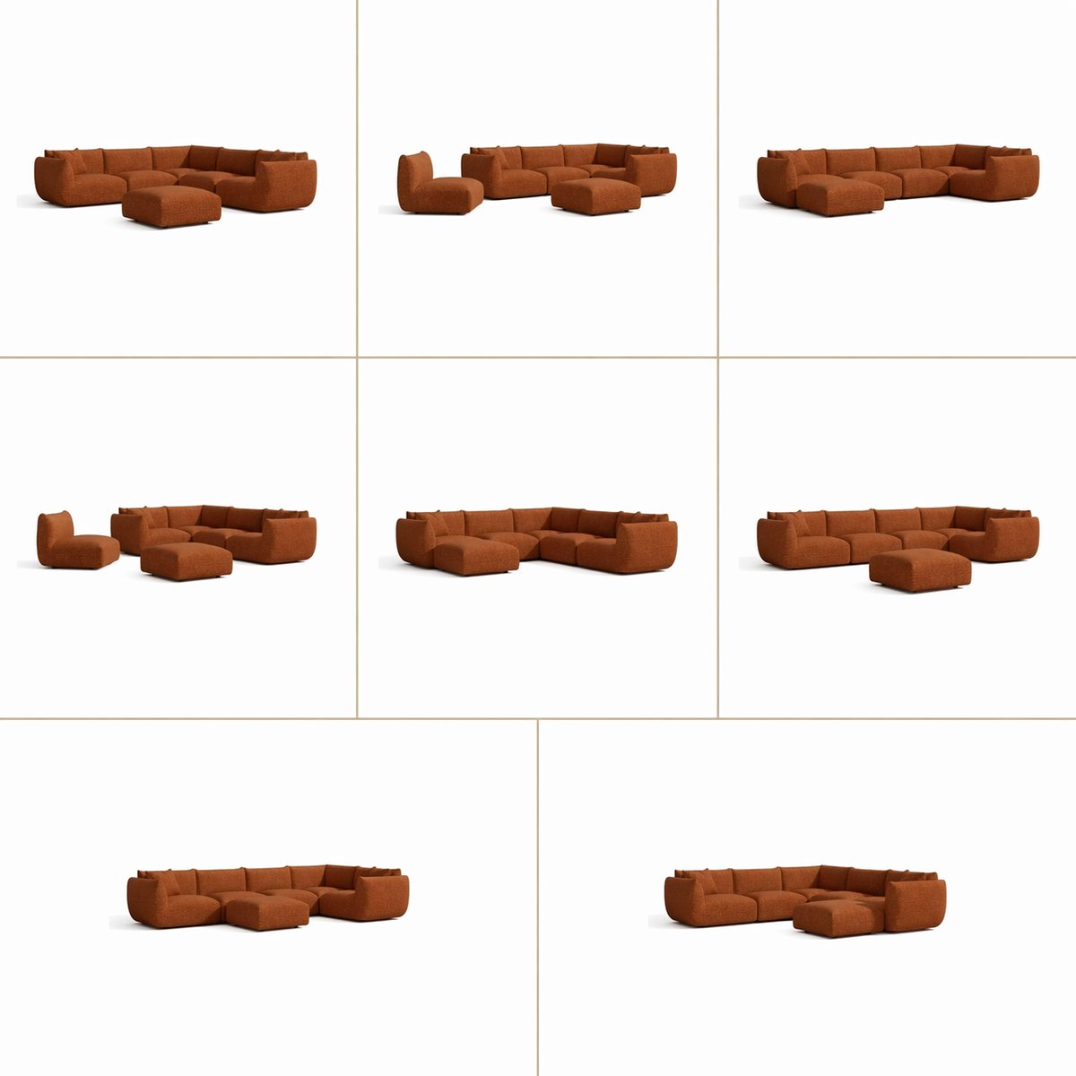 Canapé d'angle panoramique modulable 8 places en velours chenillé NOOMA terracotta, SIA HOME