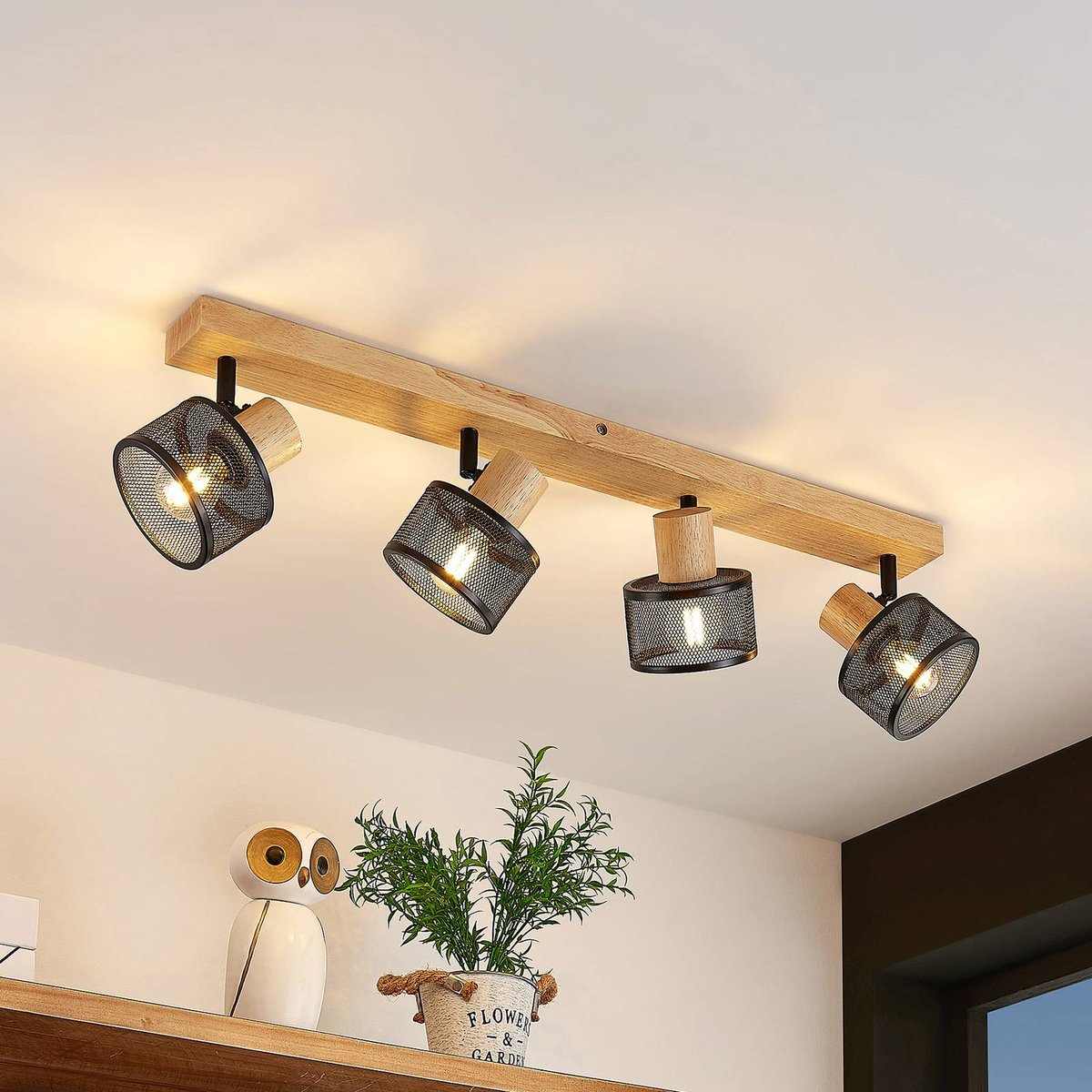 Spot en bois moderne, Evinora noir, bois clair, LINDBY