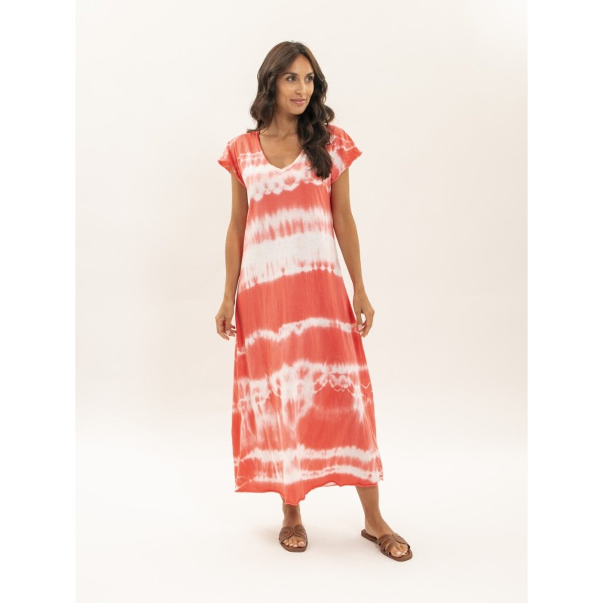 Robe Tee-shirt Longue Motifs Ibolia corail, DONA LISA