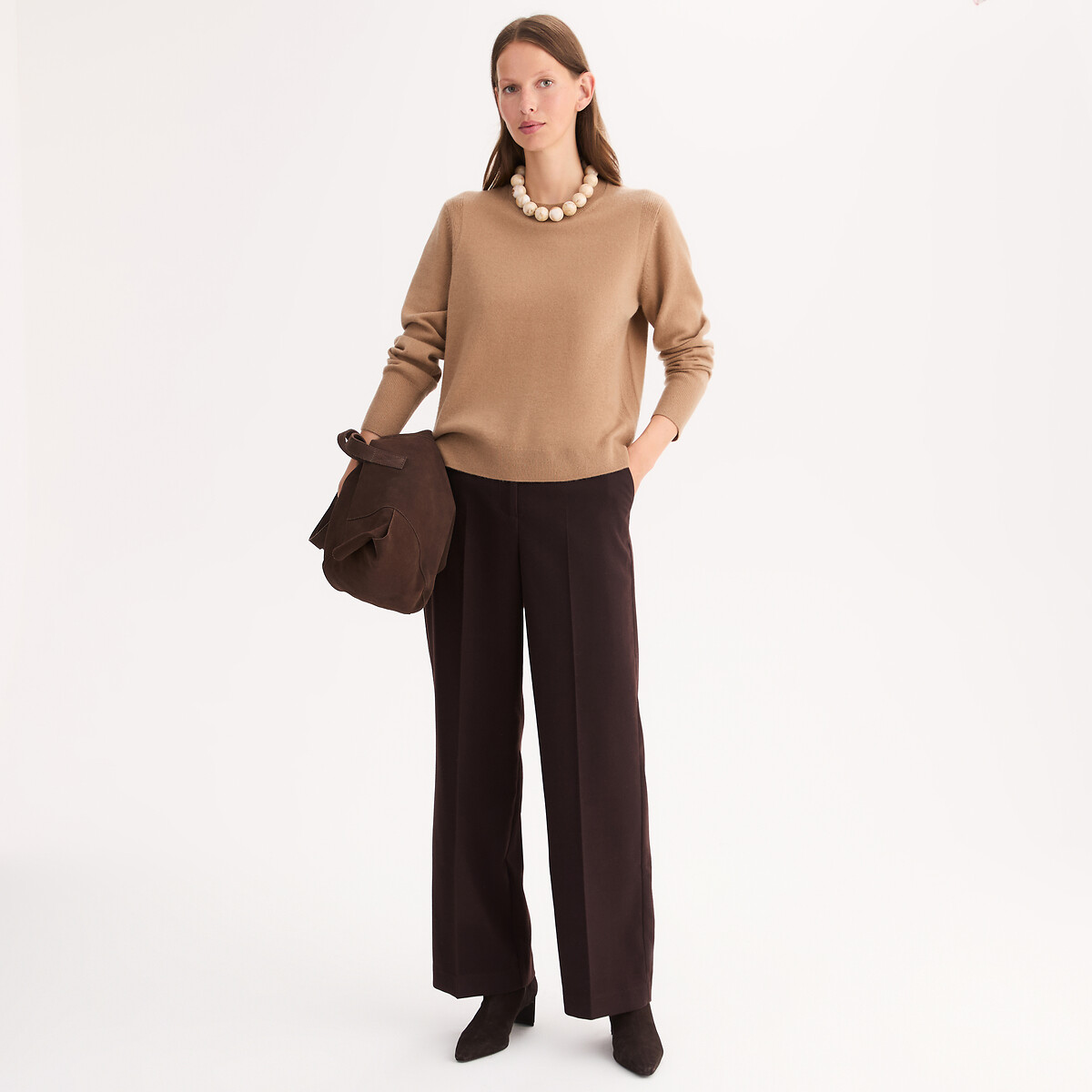 Pull col rond en cachemire, fine maille camel, ANNE WEYBURN