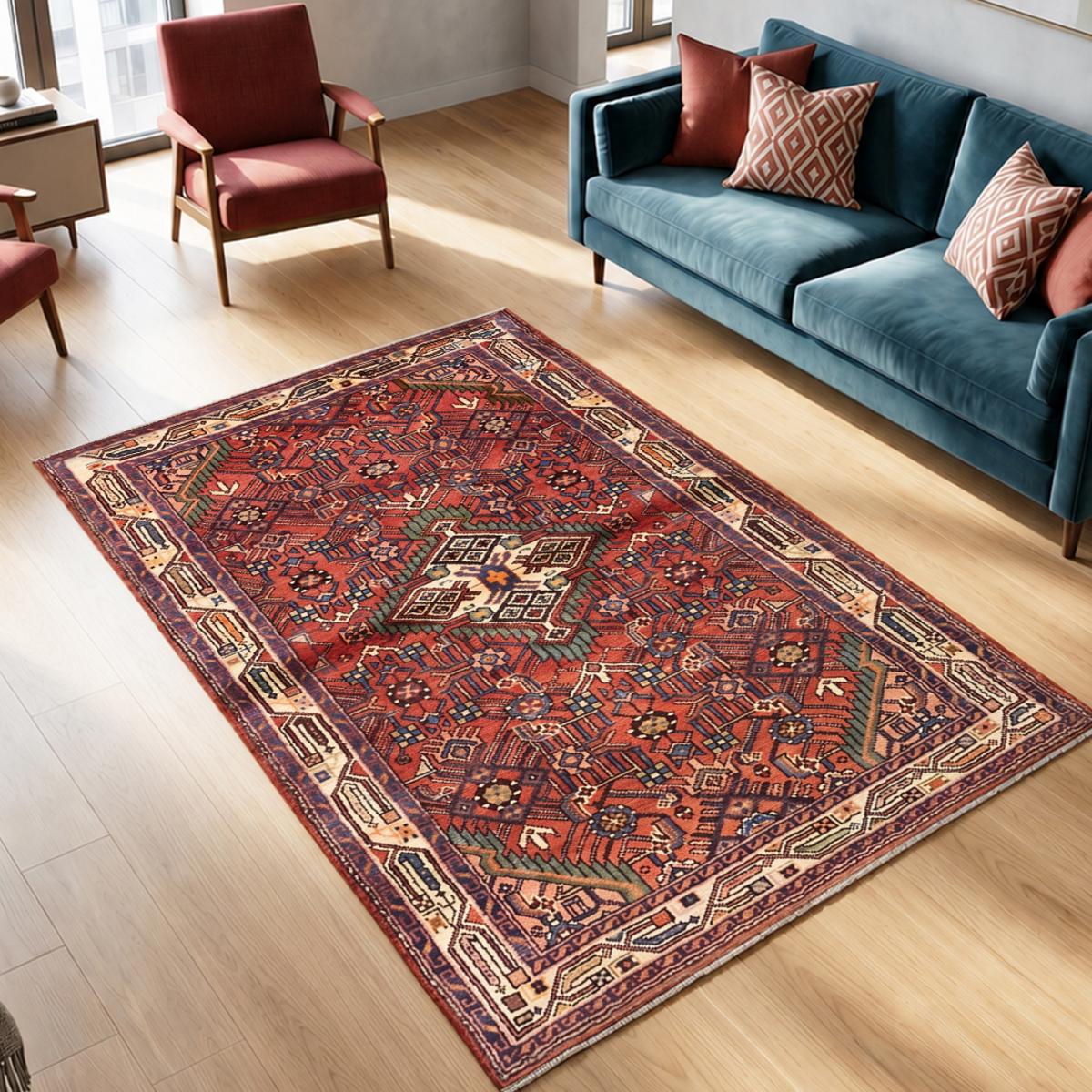 Tapis d'orient au motif oriental, noué à la main, HAMADAN 7 rouge, beige, bleu, UN AMOUR DE TAPIS