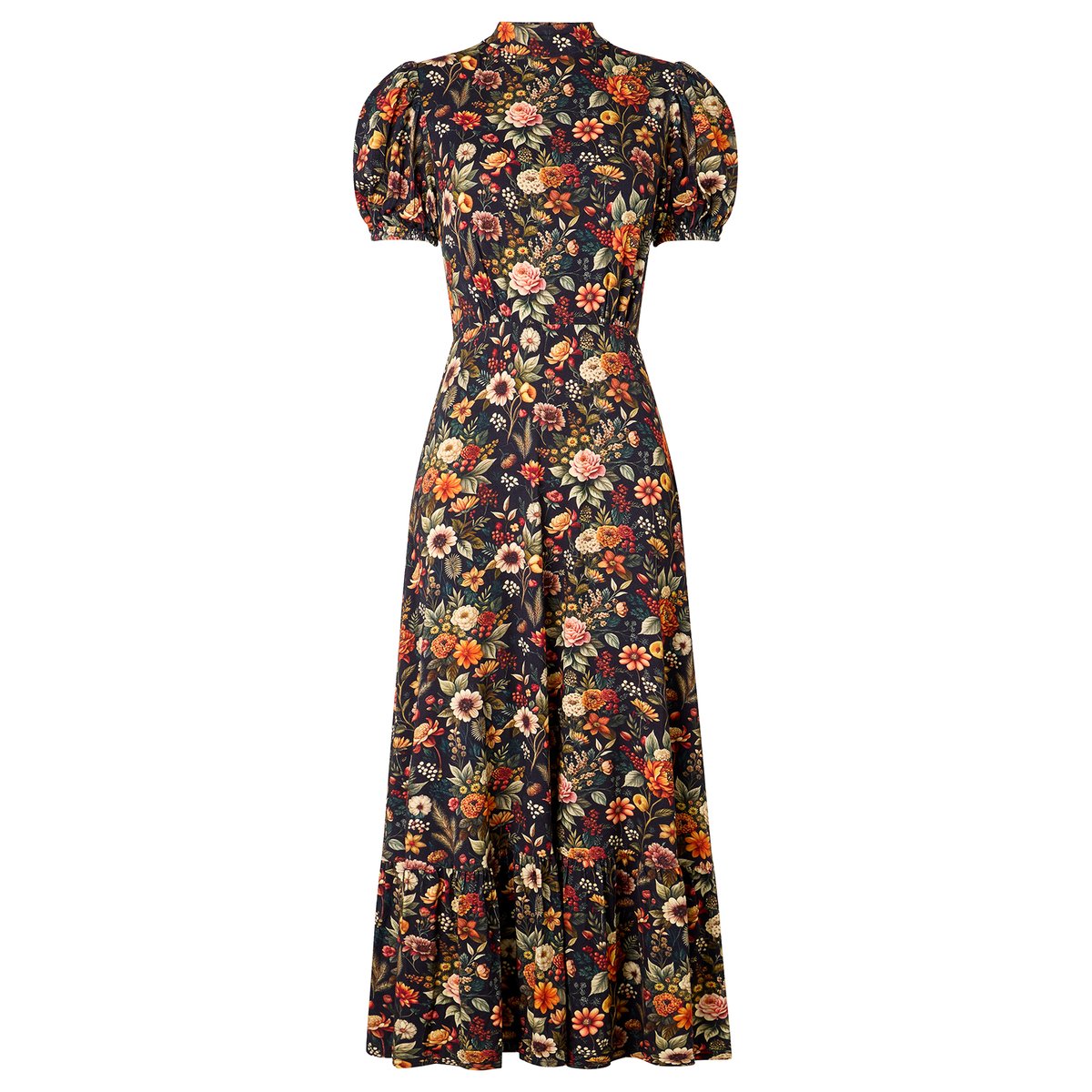 Robe Longue en Jersey à Col Montant Fleurs d'Automne noir, JOE BROWNS