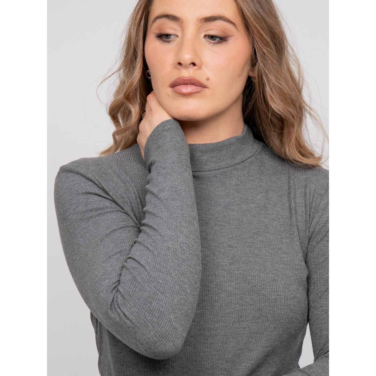 Sous-pull Côtelé Col Montant Manches Longues Fleoba gris, DONA LISA