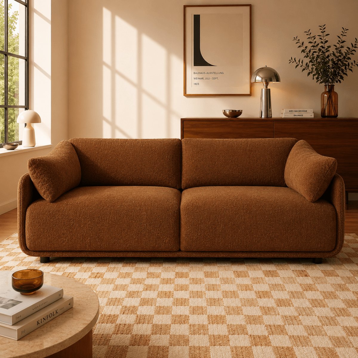 Canapé en tissu chenille tramé KURLY marron, SORELH