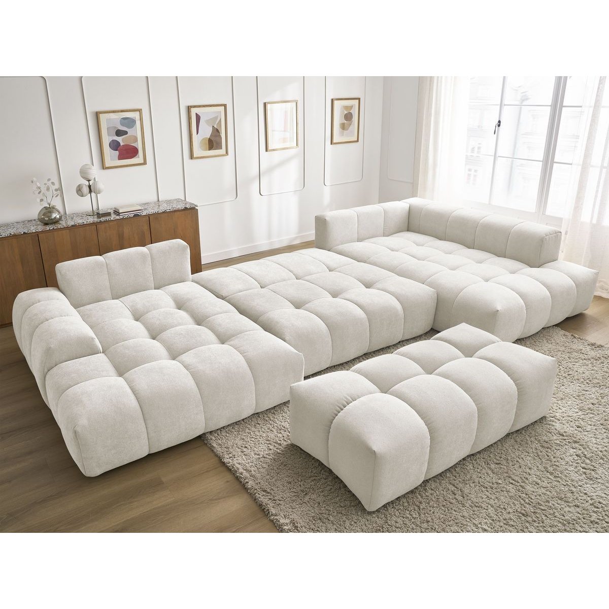 Canapé panoramique convertible 7 places en tissu texturé avec pouf, EVEREST blanc, BOBOCHIC