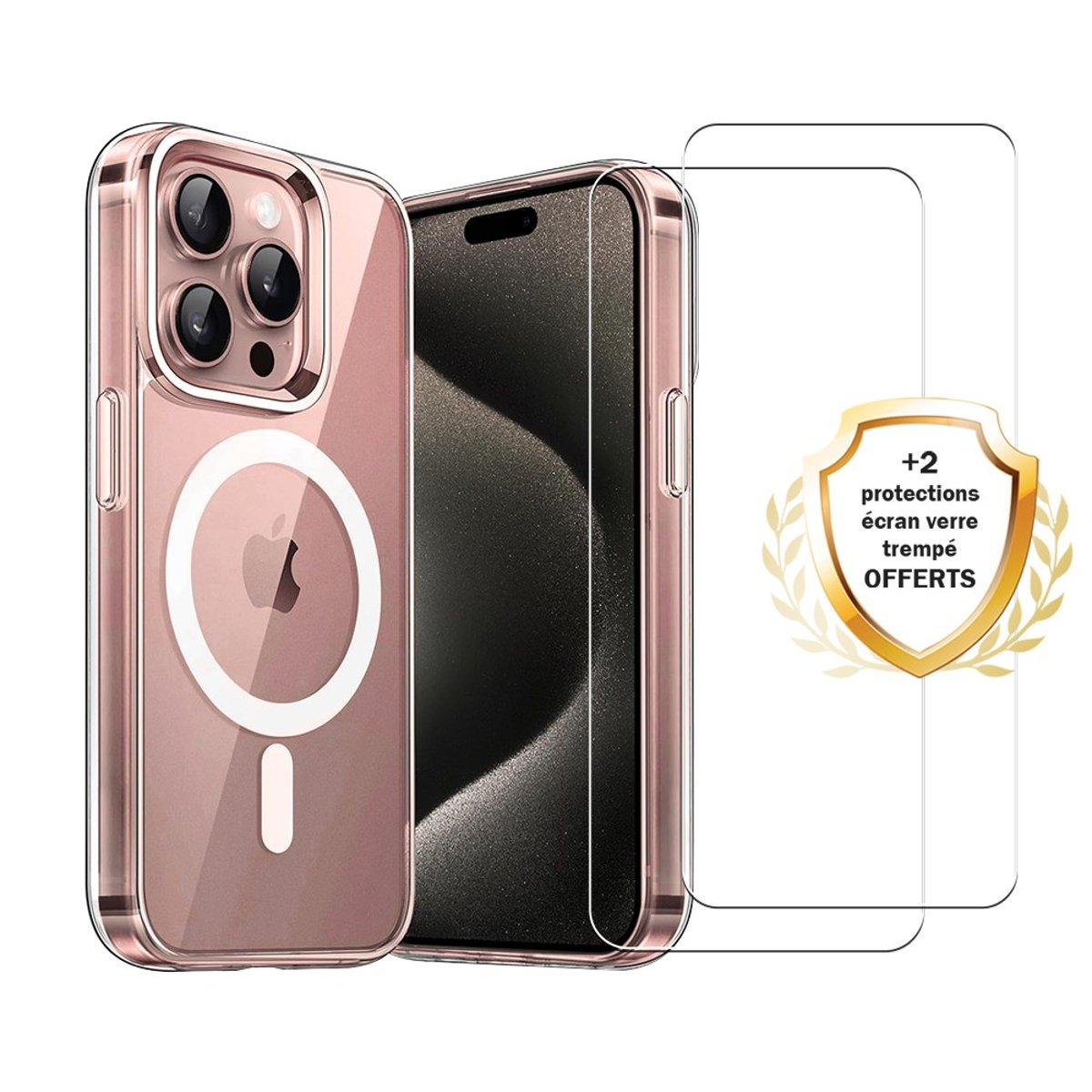 Coque Anti-choc compatible Magsafe pour iPhone 16 Pro Transparente + 2 vitres transparent, EVETANE