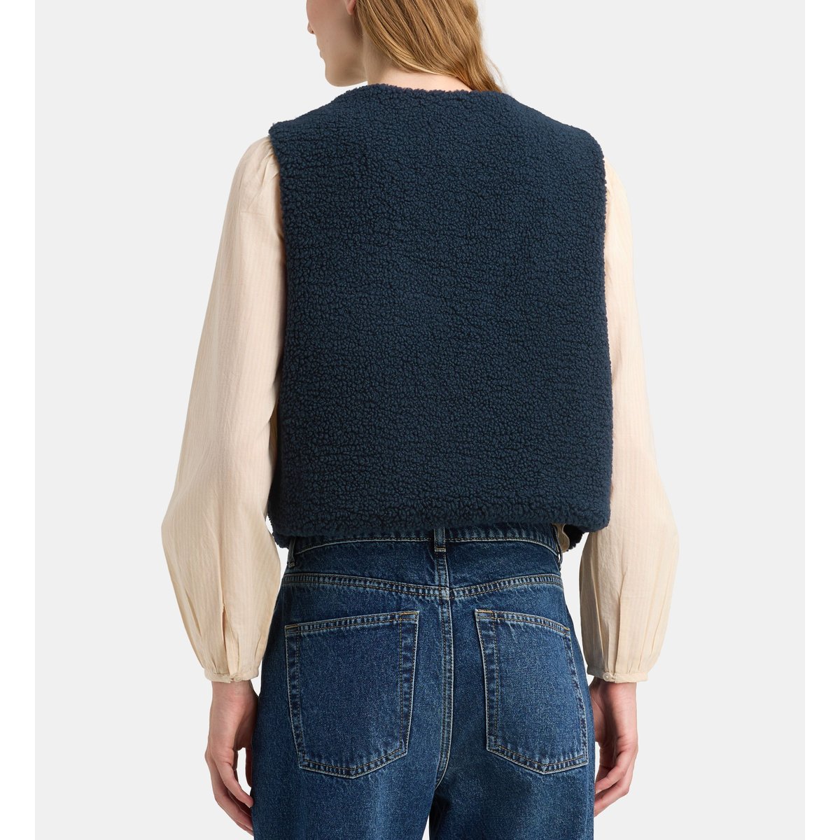 Veste droite courte enola sans manches effet sherpa bleu marine, GALERIES LAFAYETTE