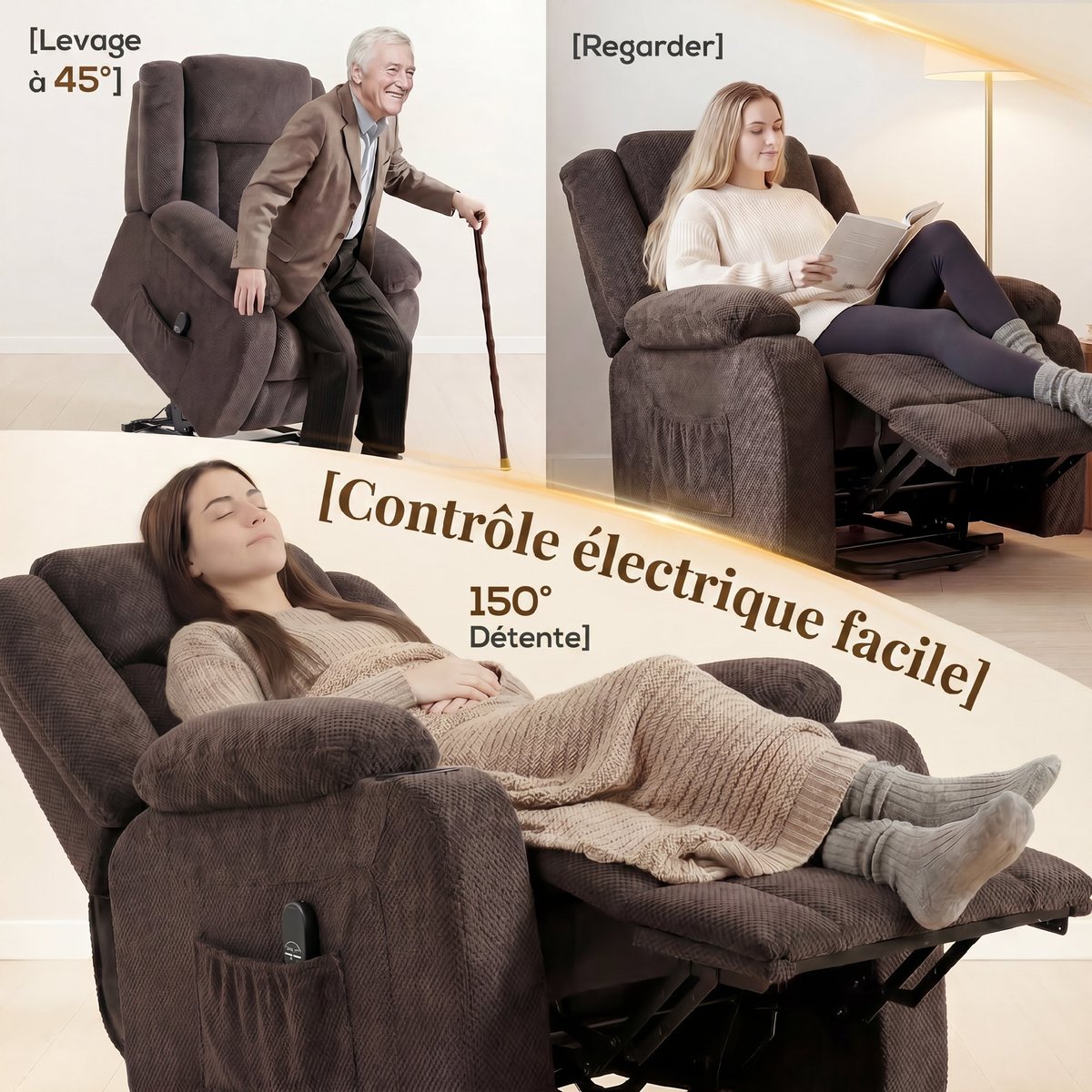 Fauteuil releveur multifonctionnel Velours marron, HOMCOM