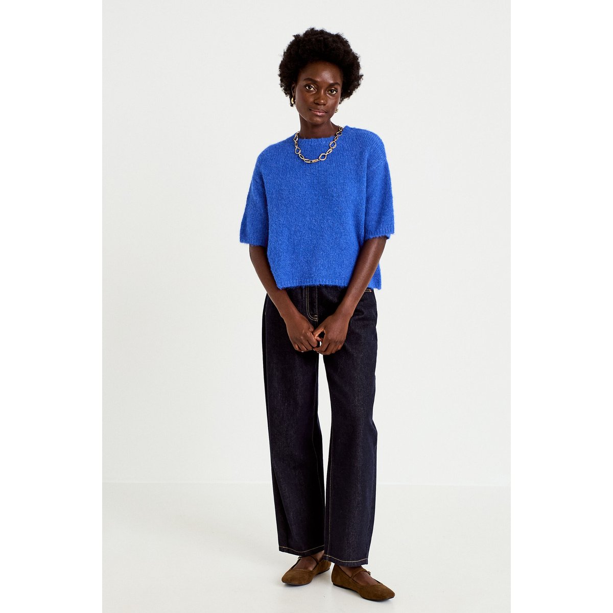 Pull col rond manches courtes bleu electrique, CACHE CACHE