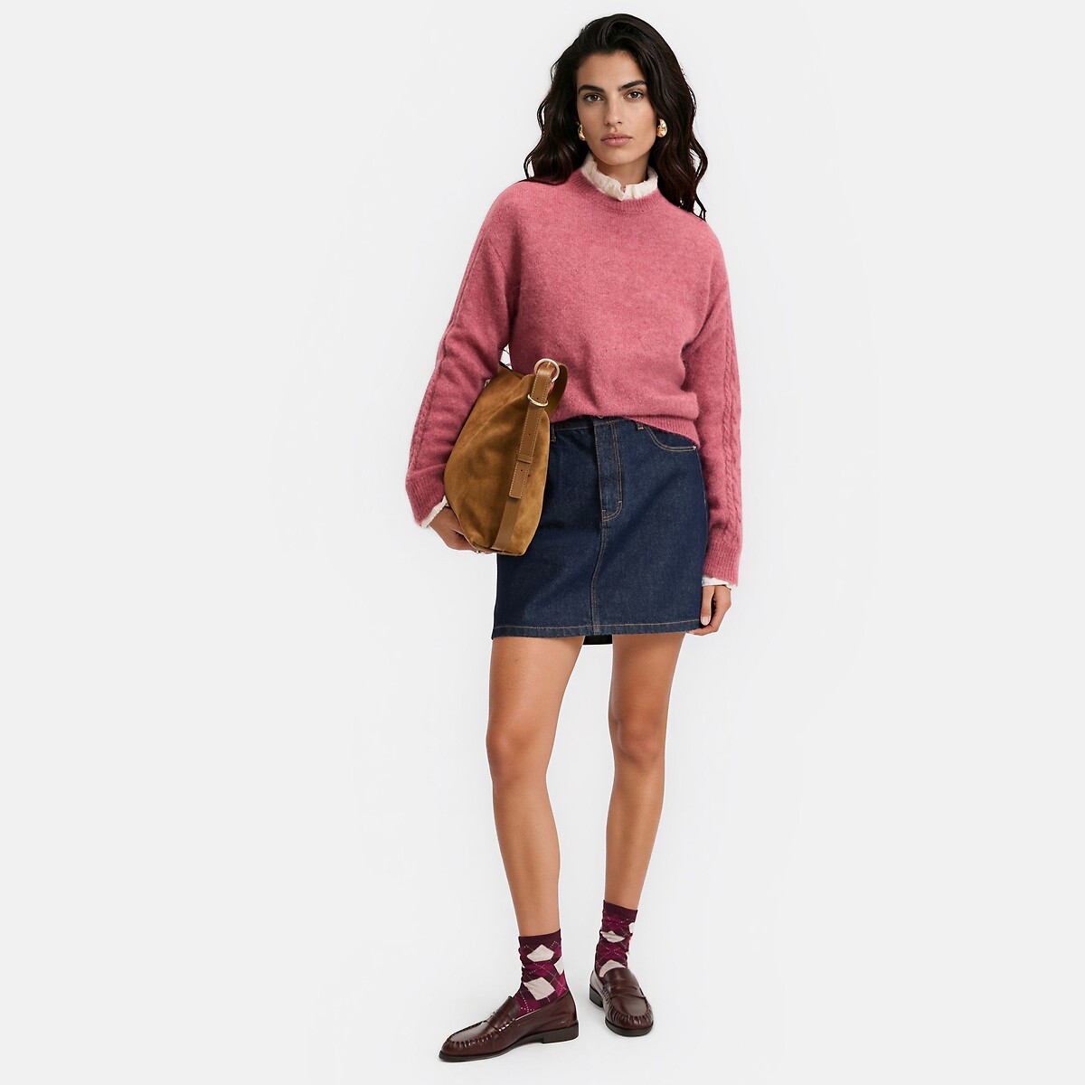 Pull col rond à manches torsadées, en alpaga mélangé rose, LA REDOUTE COLLECTIONS