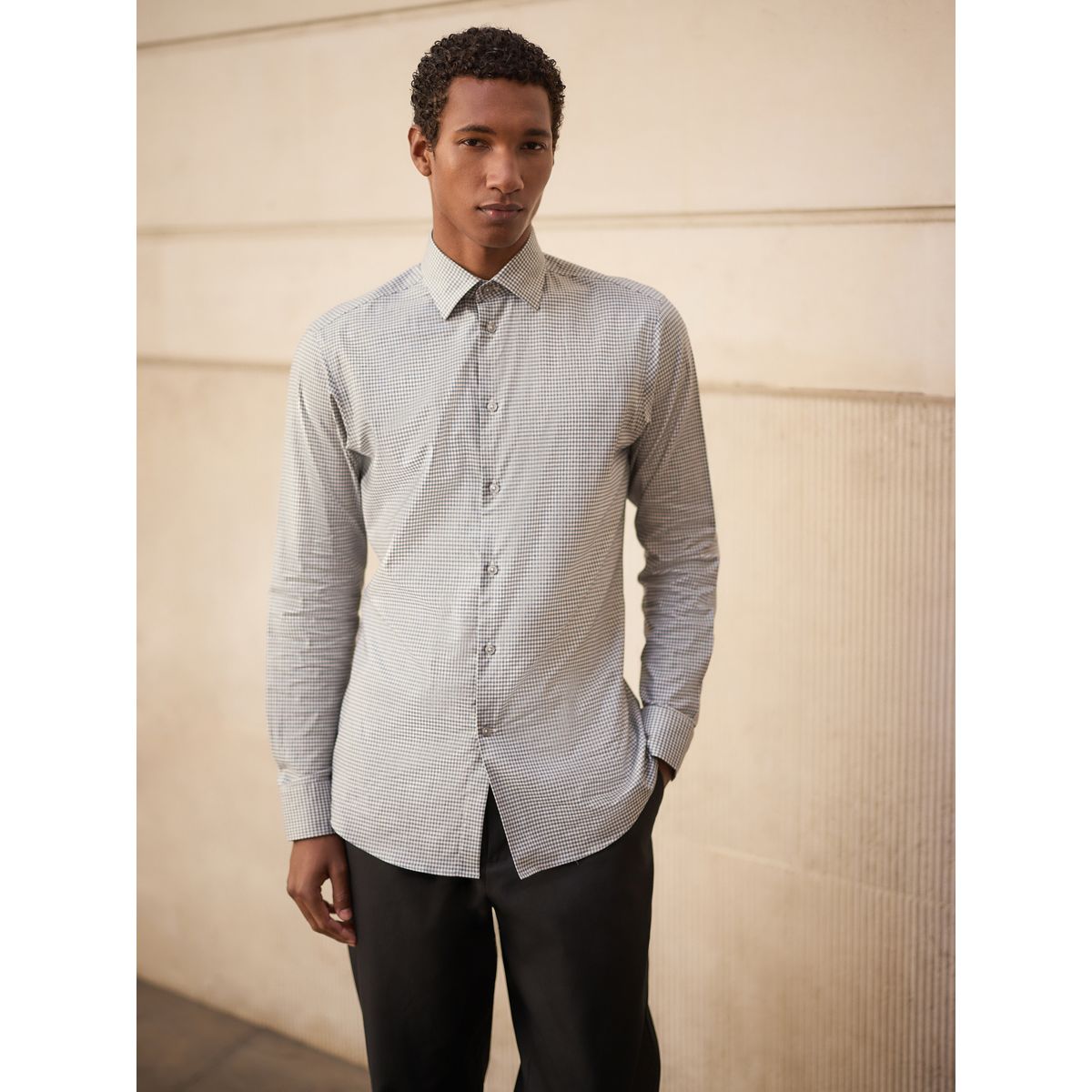 Chemise slim habillée en coton stretch vichy gris, NEXT