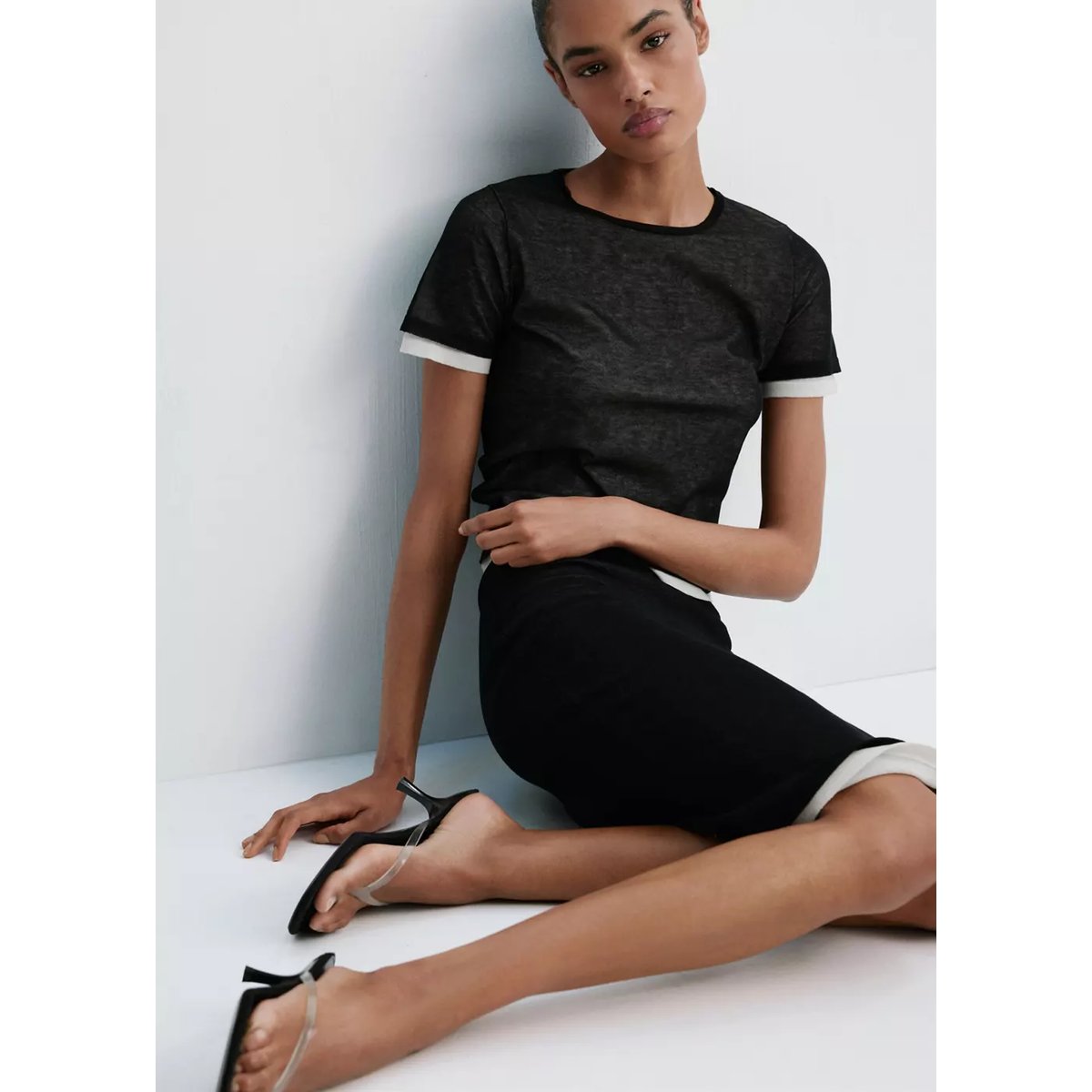 Jupe midi combinée noir, MANGO
