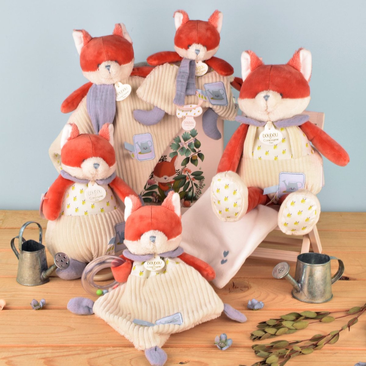 Doudou attache-sucette orange, bleu, blanc, DOUDOU ET COMPAGNIE