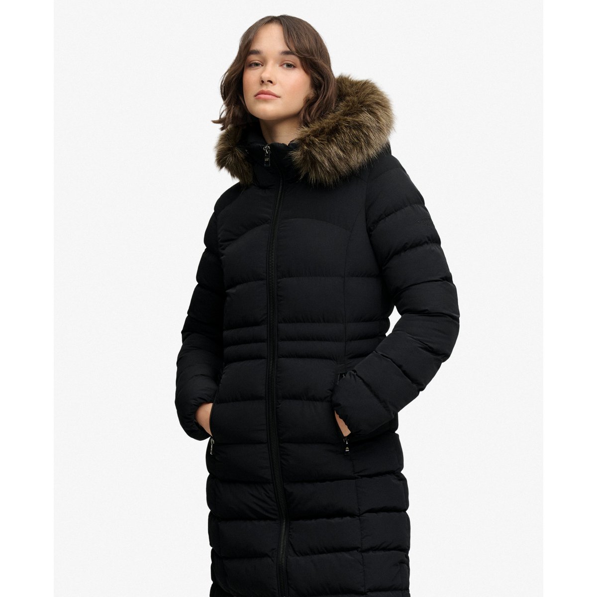 Veste Fuji Longue à Capuche en imitation Fourrure noir, SUPERDRY