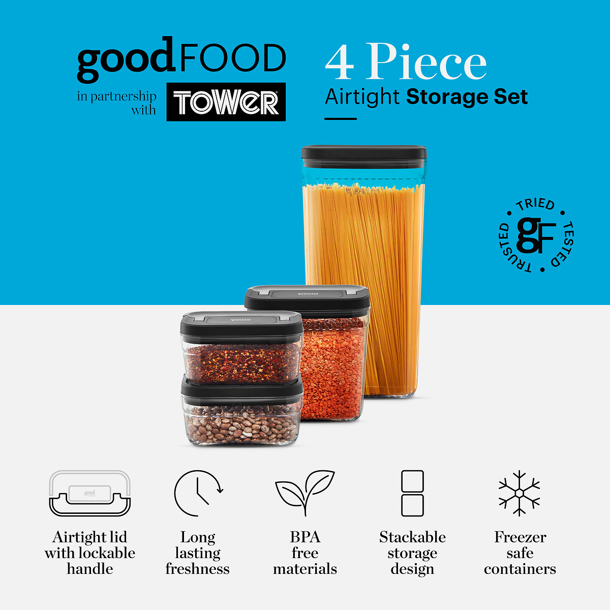 4-Piece Food Storage Set transparent, GOOD FOOD BY TOWER