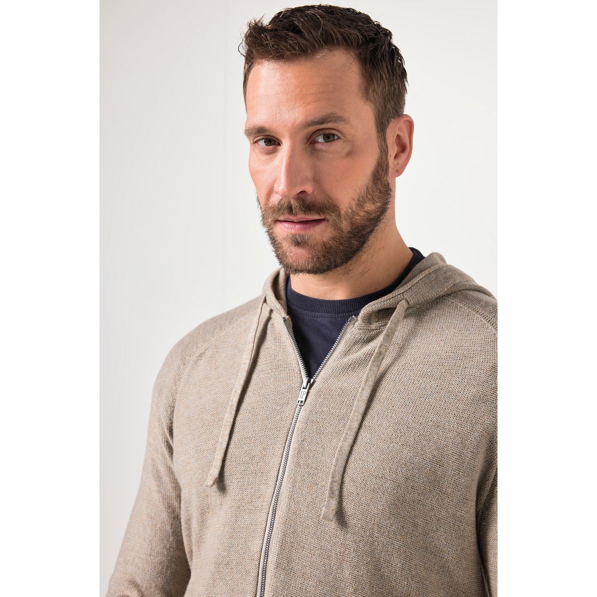 Cardigan, capuche et fermeture zippée gris brun, JP1880