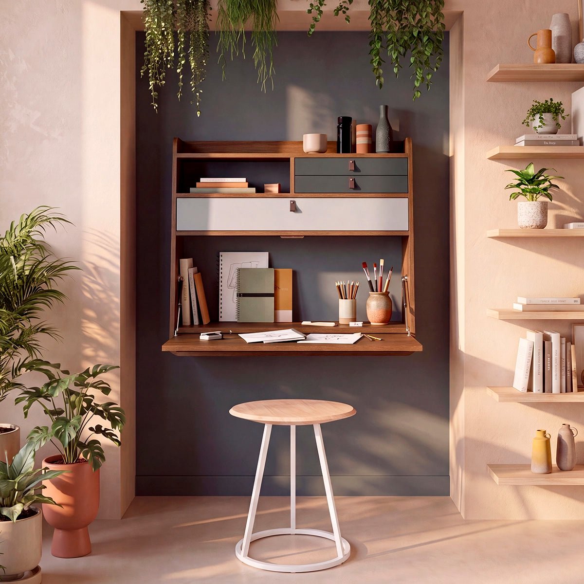 Bureau secrétaire mural en chêne teinté 80 cm, GASTON gris ardoise, HARTO