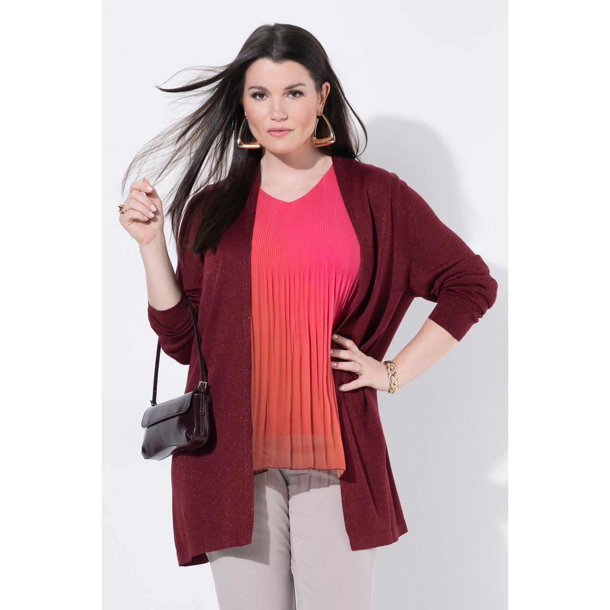 Cardigan long avec effet scintillant rouge vin, ULLA POPKEN