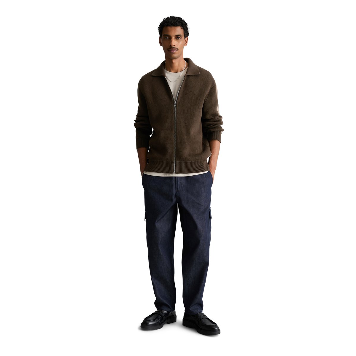 Cardigan décontracté en maille épaisse de coton bio marron, MARC O’POLO DENIM