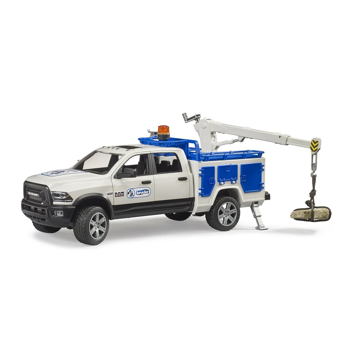 RAM 2500 Camion de service avec grue et gyrophare blanc et bleu, BRUDER