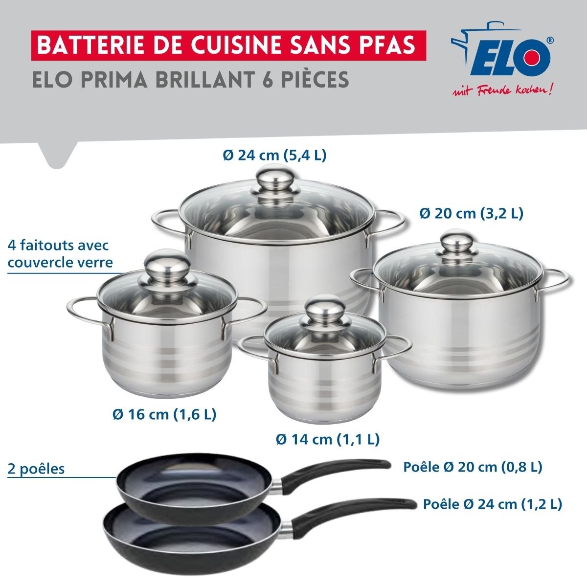 2 poêles 20/24cm + 4 faitouts 14/16/20/24cm PRIMA BRILLANT noir, ELO