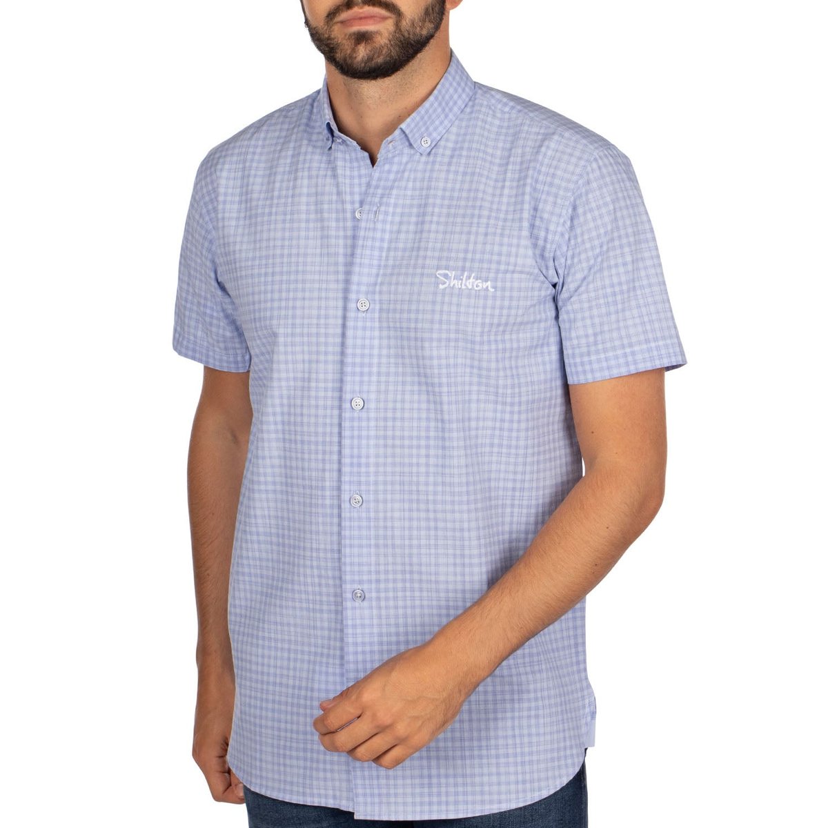 Chemise manches courtes carreaux DENIM ciel, SHILTON