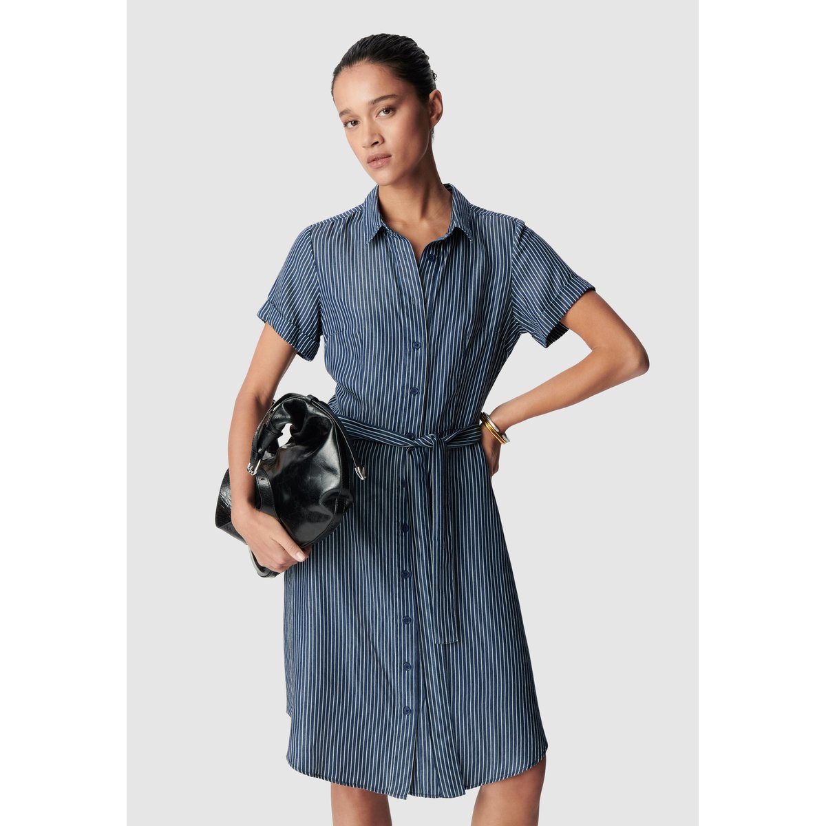 Robe chemise fines rayures bleu marine, IKKS
