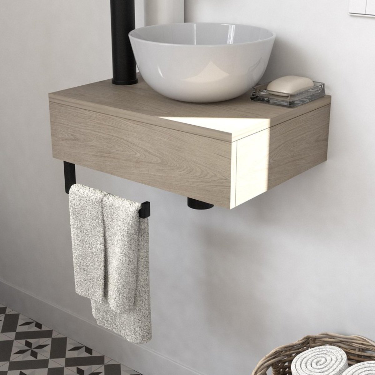Lave-mains plan épais + vasque SOHO décor chêne, MOB IN
