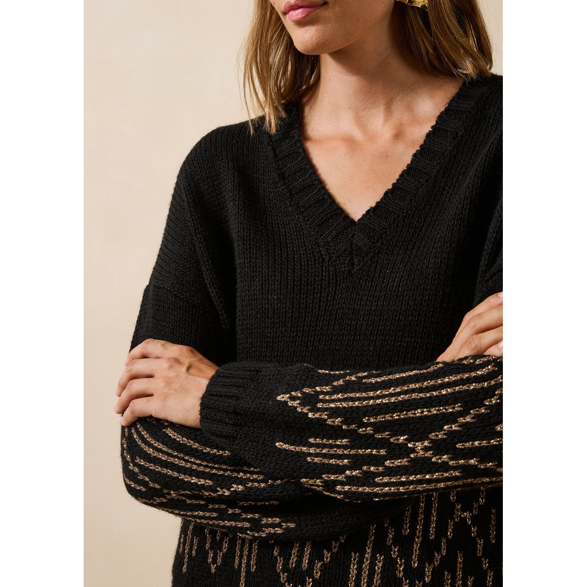 Pull ample manches longues en maille jacquard noir, LA FEE MARABOUTEE