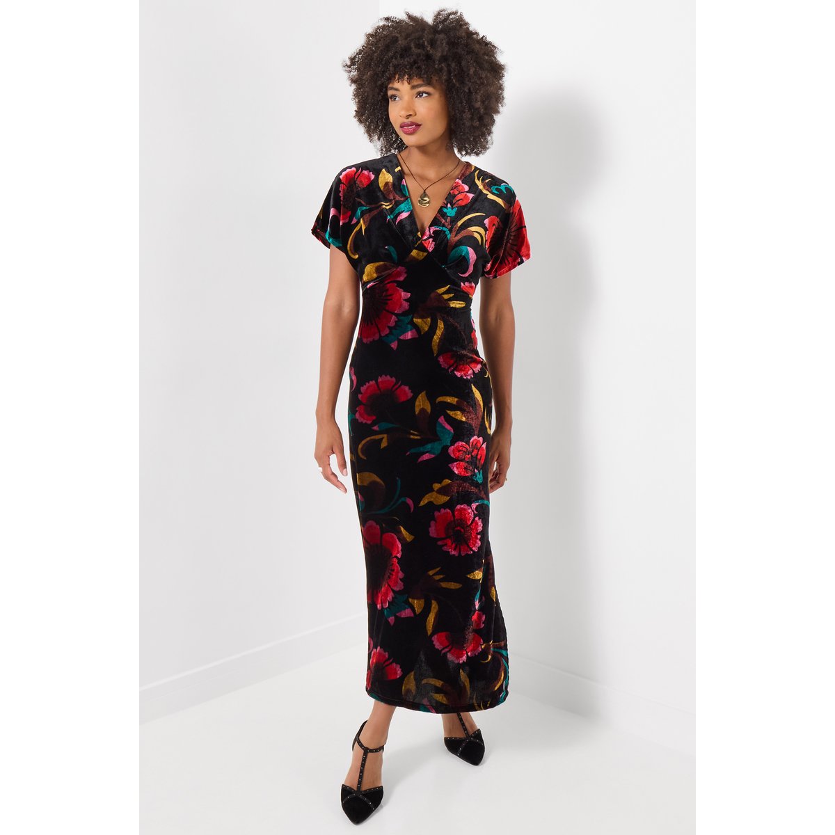 Robe Col V en Velours Fleurs Exquises noir, JOE BROWNS