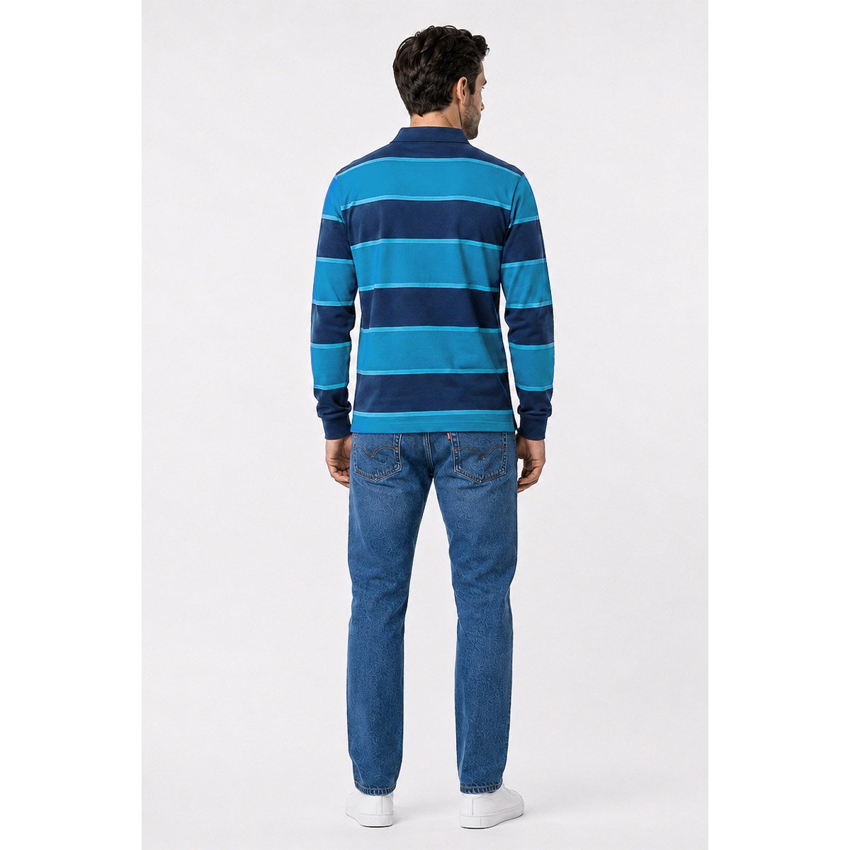 Polo rayé manches longues - coton marine deep/dark blue/wate, ARMOR-LUX