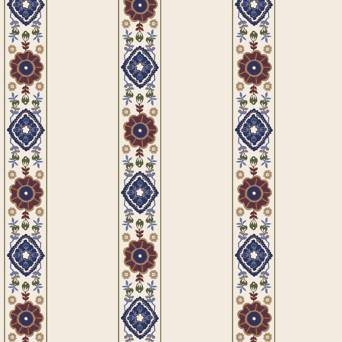 Papier peint Rayures fleuries bleu, brun, beige, JOULES