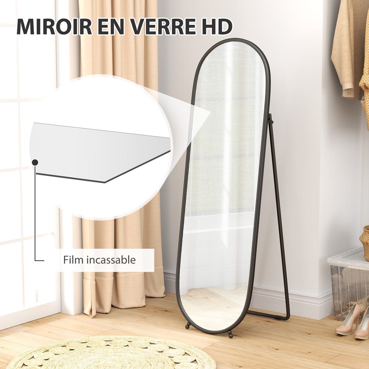 Miroir en pied Verre Noir noir, HOMCOM