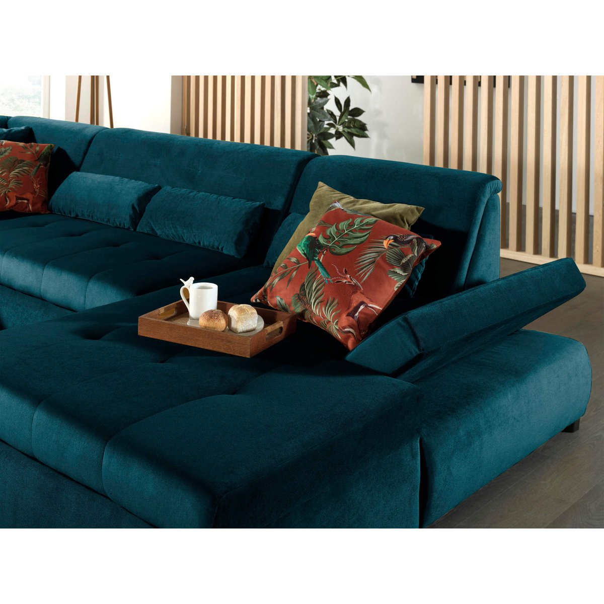 Canapé panoramique XXL 7pl velours, VERMONT bleu canard, BEST MOBILIER