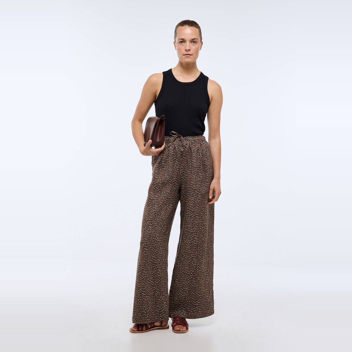 Pantalon large imprimé à taille élastiquée en lin gabardine, MONOPRIX