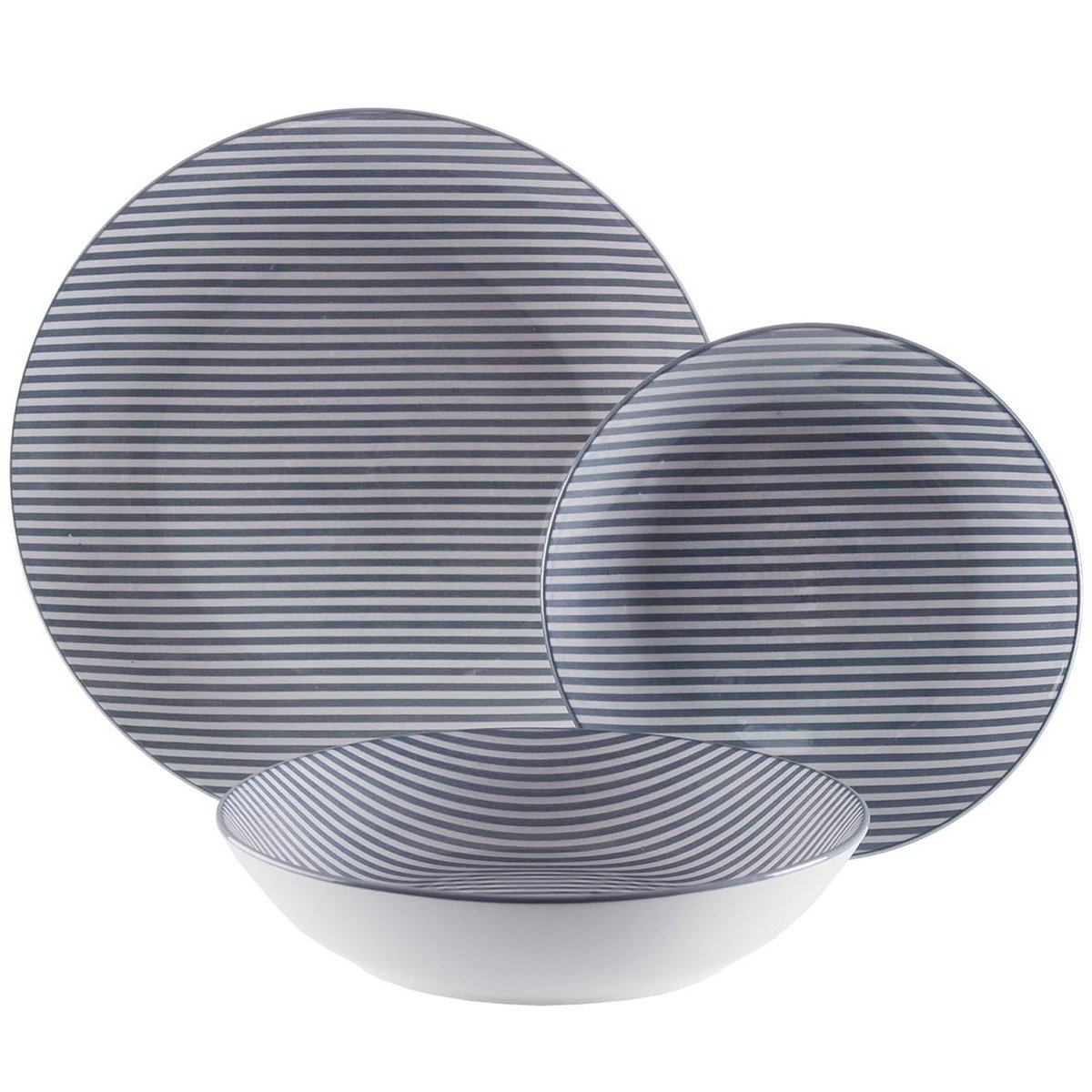 Service de 18 assiettes en porcelaine rayées bleues: plates, creuses et à dessert bleu, VERSA