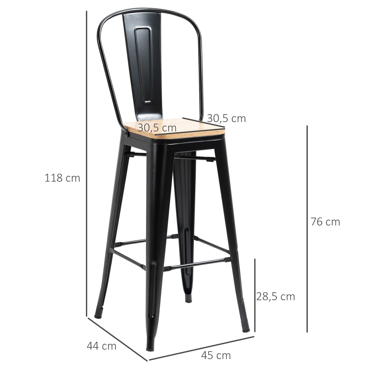 Tabouret de bar Métal Noir noir et bois clair, HOMCOM